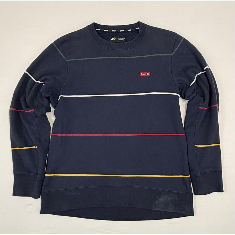 Nike SB Crewneck Sweatshirt Navy Blue Striped Logo Men's Size M Ribbed Collar
